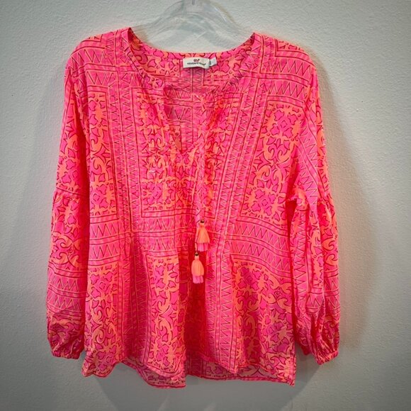 Vineyard Vines Tortola Scarf Print Pleated Top Knockout Pink Sz LARGE $148 - Picture 2 of 6